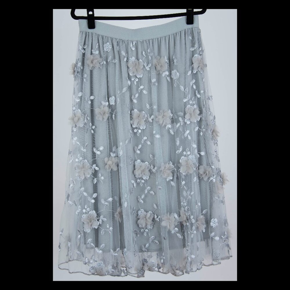 Womens Dusty Blue Floral Applique Embroidered Mesh Lined Whimsical Skirt XL NWOT